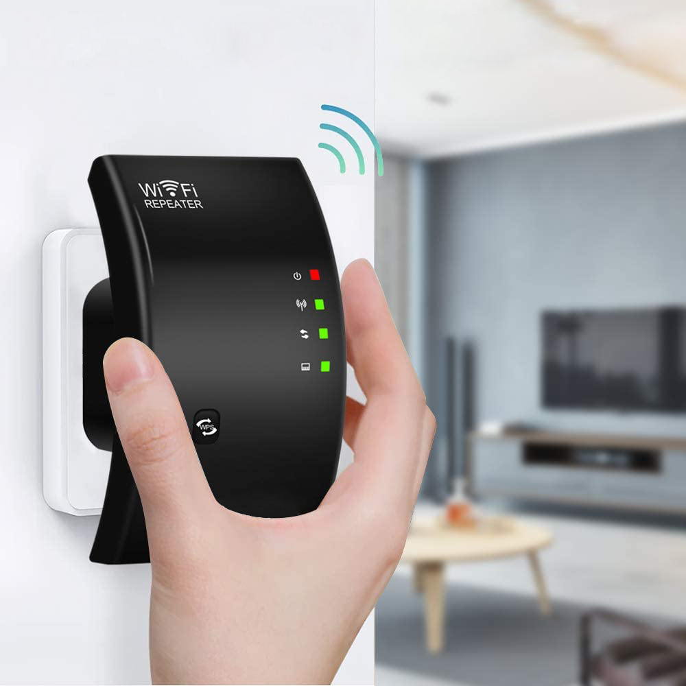 Draadloze WiFi-versterker met compact ontwerp voor stabiele internetverbinding door het hele huis, tot 300 Mbps snelheid.
