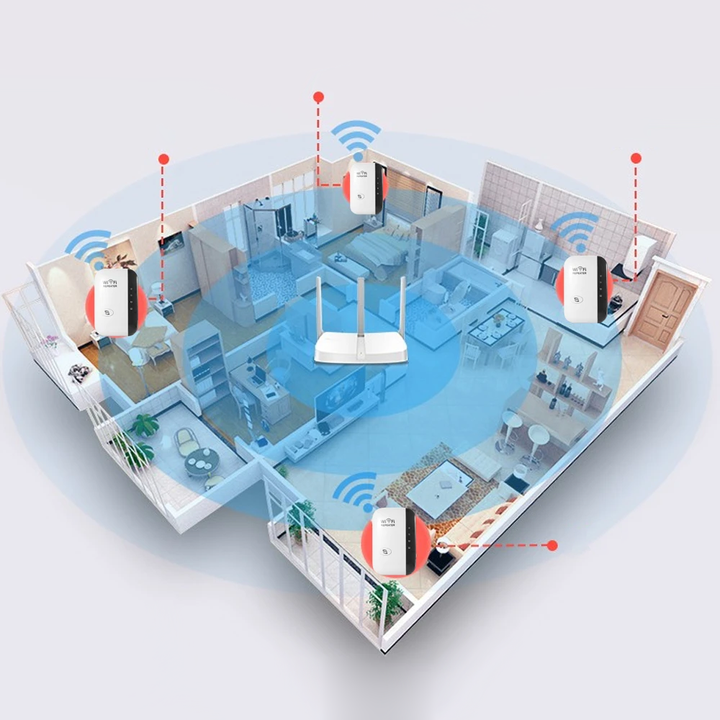Draadloze WiFi-versterker met compact ontwerp voor stabiele internetverbinding door het hele huis, tot 300 Mbps snelheid.