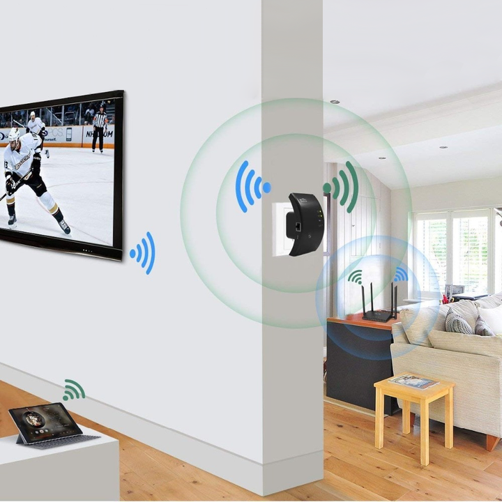 Draadloze WiFi-versterker met compact ontwerp voor stabiele internetverbinding door het hele huis, tot 300 Mbps snelheid.