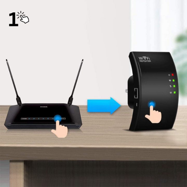 Draadloze WiFi-versterker met compact ontwerp voor stabiele internetverbinding door het hele huis, tot 300 Mbps snelheid.