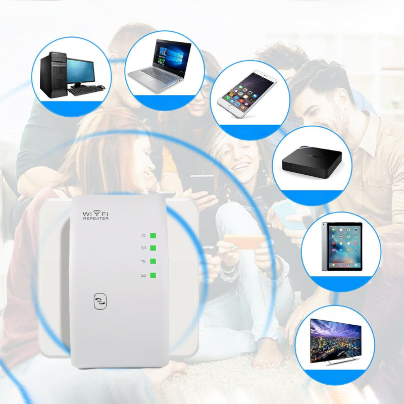 Draadloze WiFi-versterker met compact ontwerp voor stabiele internetverbinding door het hele huis, tot 300 Mbps snelheid.