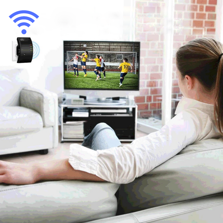 Draadloze WiFi-versterker met compact ontwerp voor stabiele internetverbinding door het hele huis, tot 300 Mbps snelheid.