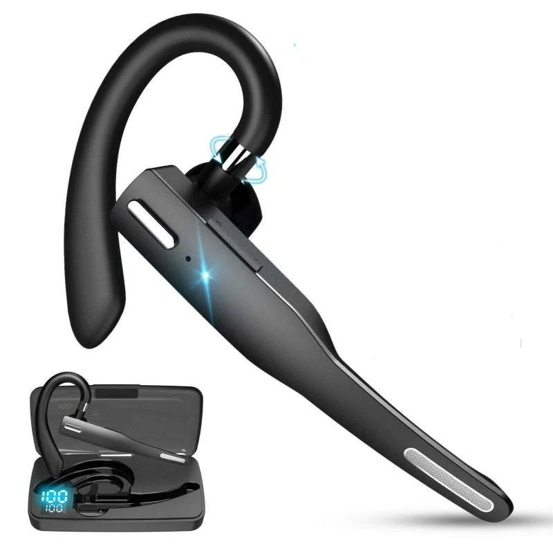 Draadloze Bluetooth-headset met flexibele oorbeugels, Dual-microfoon voor heldere gesprekken en ergonomisch ontwerp.