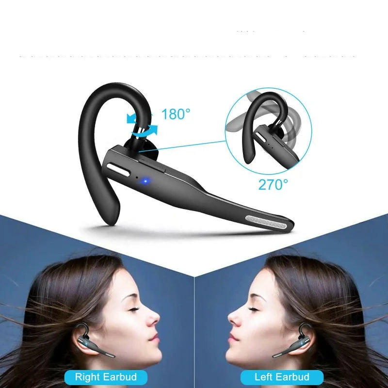 Draadloze Bluetooth-headset met flexibele oorbeugels, Dual-microfoon voor heldere gesprekken en ergonomisch ontwerp.