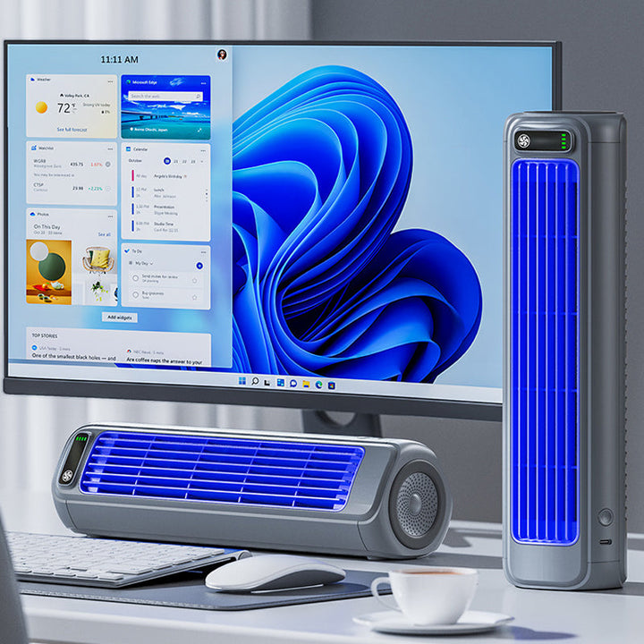 Draadloze compacte mobiele airconditioner, draagbaar, wit, ideaal voor verkoeling onderweg, efficiënt voor kleine ruimtes, lange batterijduur.