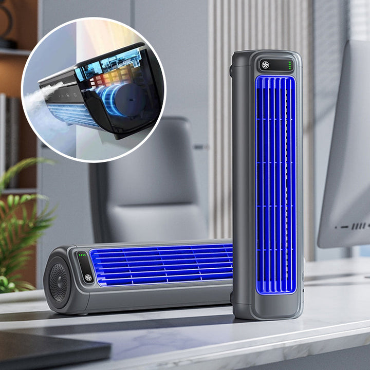 Draadloze compacte mobiele airconditioner, draagbaar, wit, ideaal voor verkoeling onderweg, efficiënt voor kleine ruimtes, lange batterijduur.