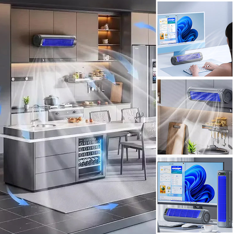 Draadloze compacte mobiele airconditioner, draagbaar, wit, ideaal voor verkoeling onderweg, efficiënt voor kleine ruimtes, lange batterijduur.