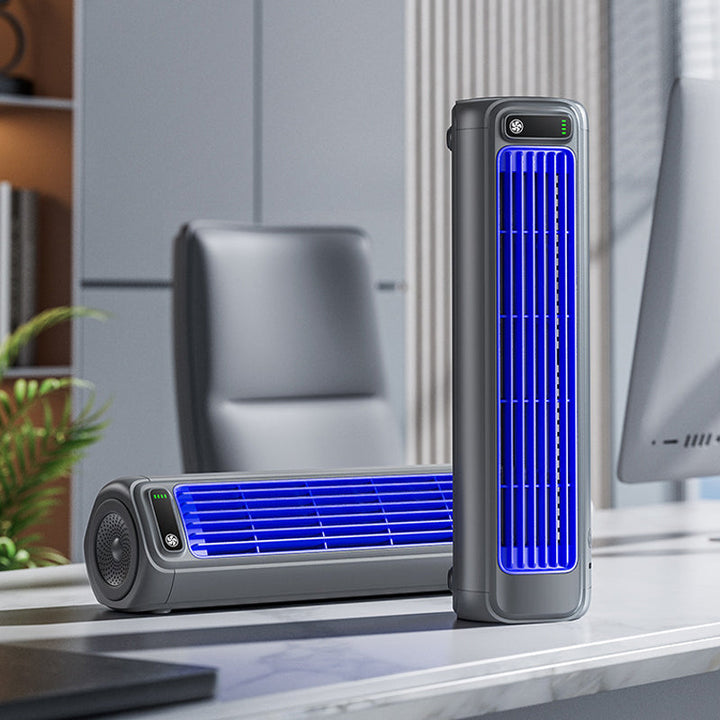 Draadloze compacte mobiele airconditioner, draagbaar, wit, ideaal voor verkoeling onderweg, efficiënt voor kleine ruimtes, lange batterijduur.