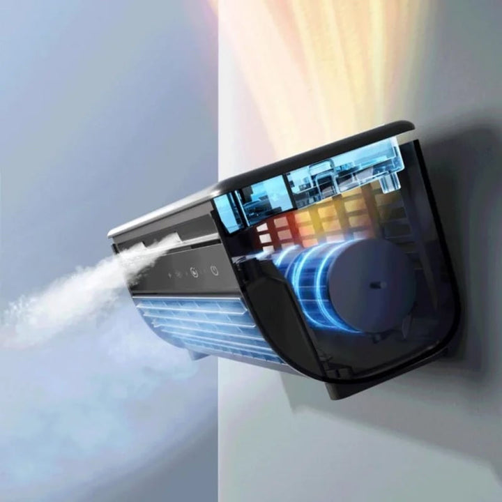 Draadloze compacte mobiele airconditioner, draagbaar, wit, ideaal voor verkoeling onderweg, efficiënt voor kleine ruimtes, lange batterijduur.