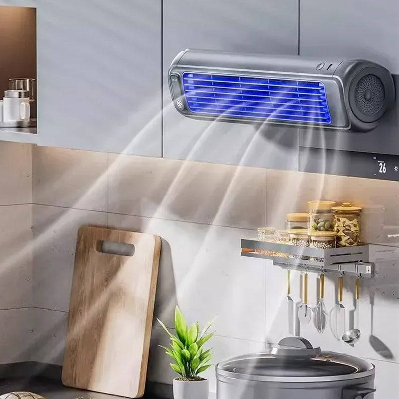 Draadloze compacte mobiele airconditioner, draagbaar, wit, ideaal voor verkoeling onderweg, efficiënt voor kleine ruimtes, lange batterijduur.