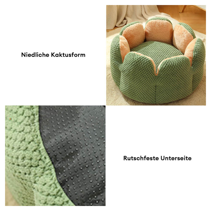 Cactus huisdierbed: kattenmand in cactusvorm, comfortabel kussen, unieke decoratie, kleuren bruin/groen/paars.