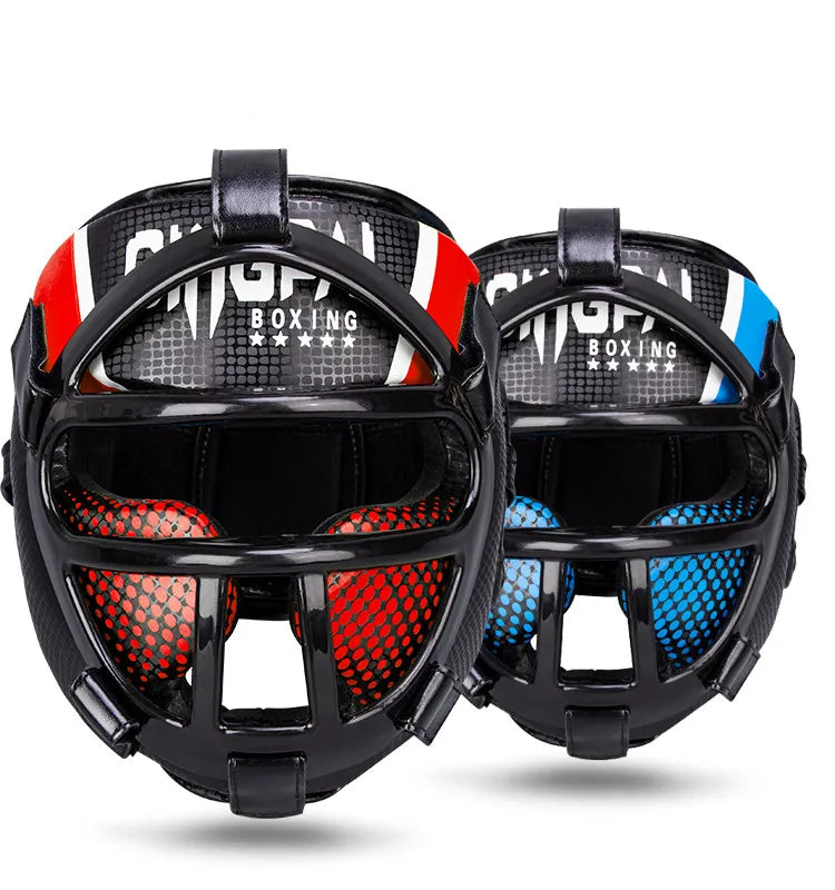Hoofdbescherming met gezichtsmasker voor vechtsporten, rood-blauw, ideaal voor kinderen & volwassenen, vooraanzicht