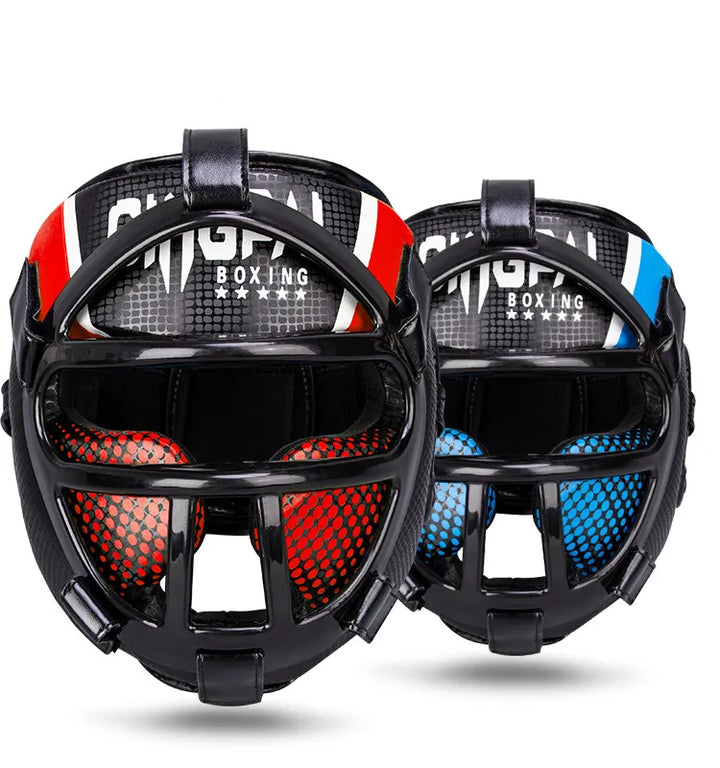 Hoofdbescherming met gezichtsmasker voor vechtsporten, rood-blauw, ideaal voor kinderen & volwassenen, vooraanzicht