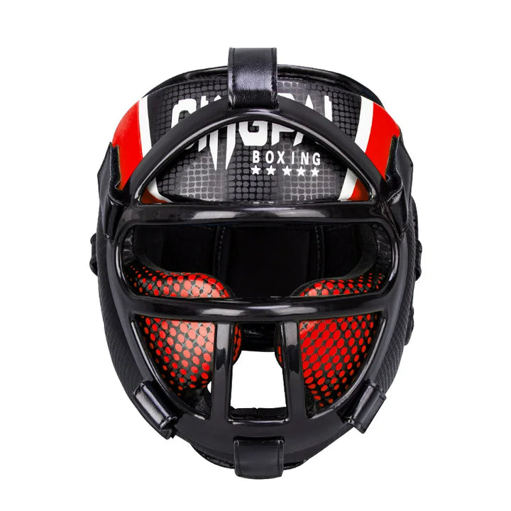 Hoofdbescherming met gezichtsmasker voor vechtsporten, rood-blauw, ideaal voor kinderen & volwassenen, vooraanzicht