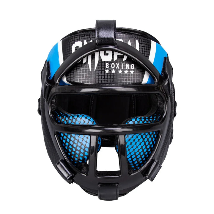 Hoofdbescherming met gezichtsmasker voor vechtsporten, rood-blauw, ideaal voor kinderen & volwassenen, vooraanzicht