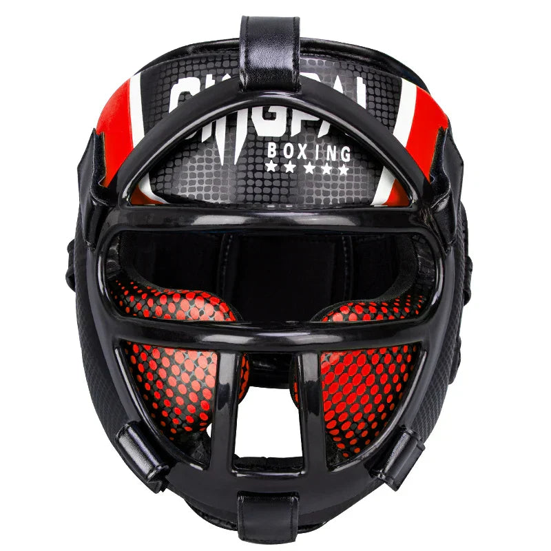 Hoofdbescherming met gezichtsmasker voor vechtsporten, rood-blauw, ideaal voor kinderen & volwassenen, vooraanzicht