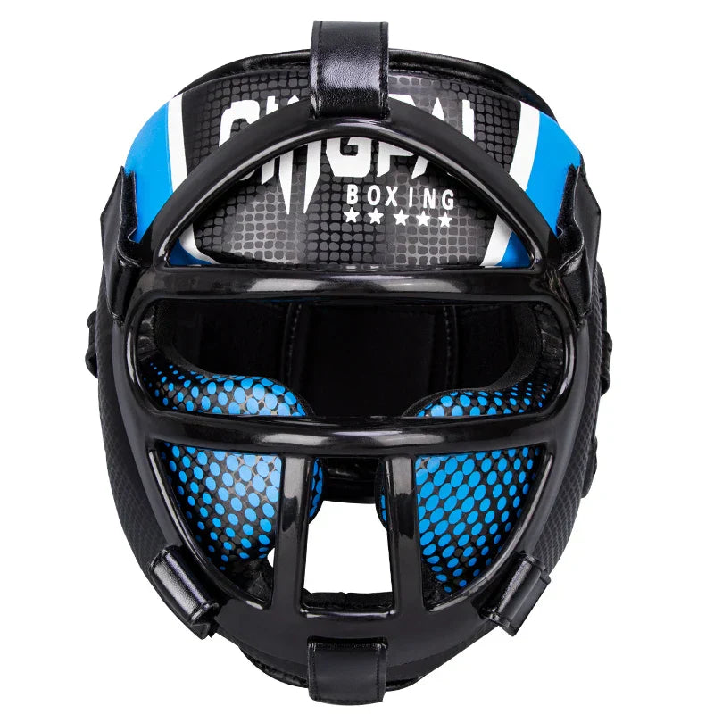 Hoofdbescherming met gezichtsmasker voor vechtsporten, rood-blauw, ideaal voor kinderen & volwassenen, vooraanzicht