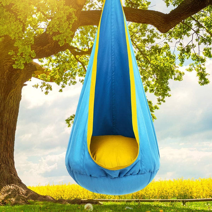 Hangstoel voor kinderen in de tuin, Blauw/Groen, van stevig materiaal met opblaasbaar kussen, ideaal voor binnen en buiten