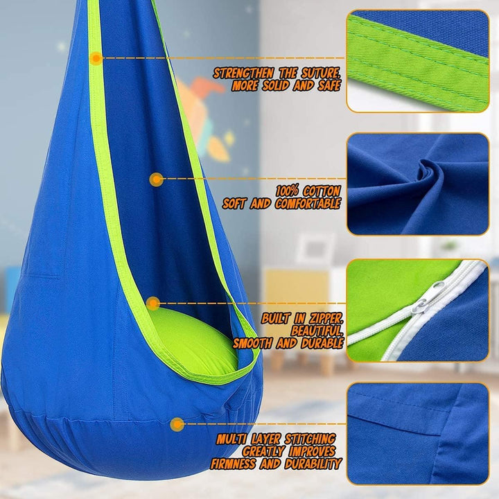 Hangstoel voor kinderen in de tuin, Blauw/Groen, van stevig materiaal met opblaasbaar kussen, ideaal voor binnen en buiten