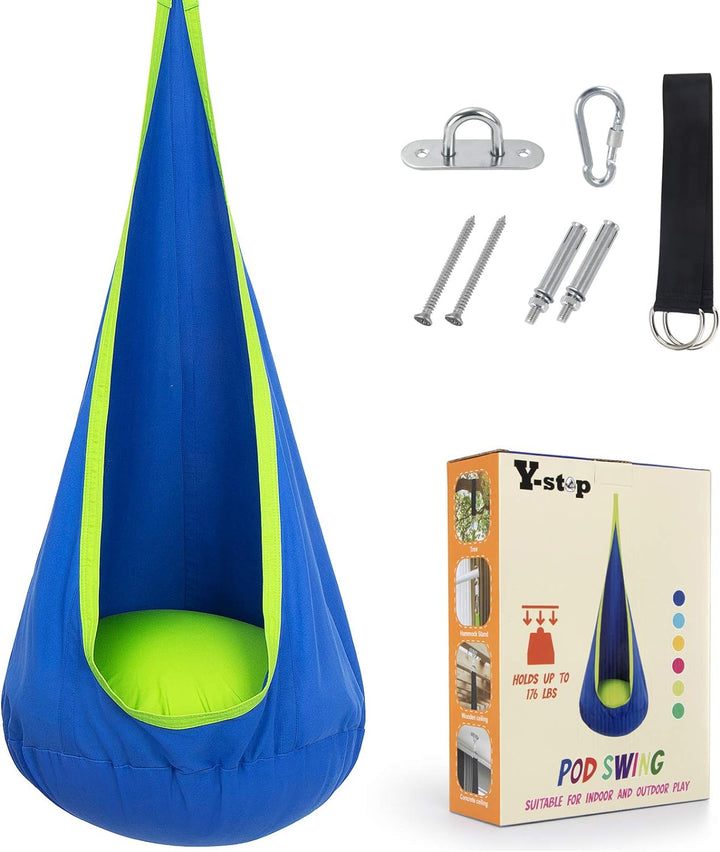 Hangstoel voor kinderen in de tuin, Blauw/Groen, van stevig materiaal met opblaasbaar kussen, ideaal voor binnen en buiten