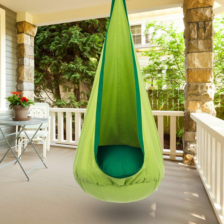 "Kinder-Hängesessel im Garten, Blau/Grün, aus robustem Material mit aufblasbarem Kissen, ideal für drinnen und draußen"