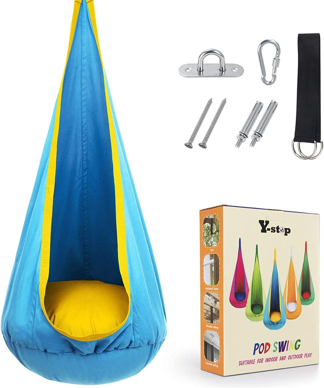 Hangstoel voor kinderen in de tuin, Blauw/Groen, van stevig materiaal met opblaasbaar kussen, ideaal voor binnen en buiten