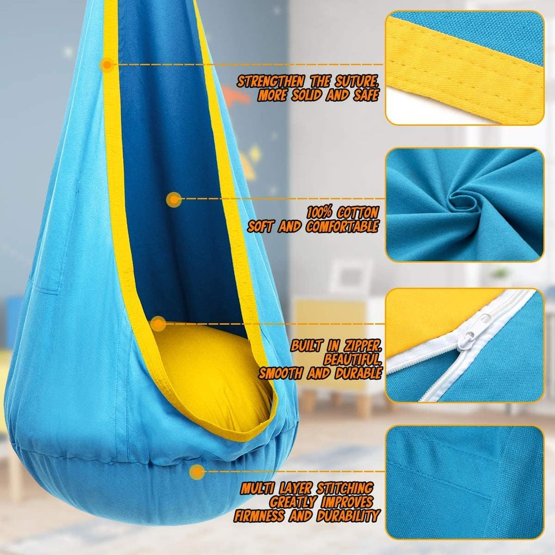 Hangstoel voor kinderen in de tuin, Blauw/Groen, van stevig materiaal met opblaasbaar kussen, ideaal voor binnen en buiten