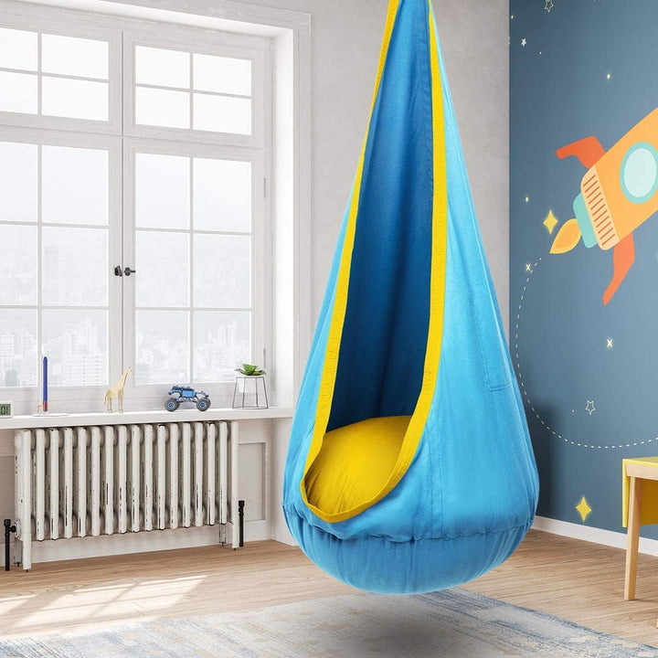 Hangstoel voor kinderen in de tuin, Blauw/Groen, van stevig materiaal met opblaasbaar kussen, ideaal voor binnen en buiten