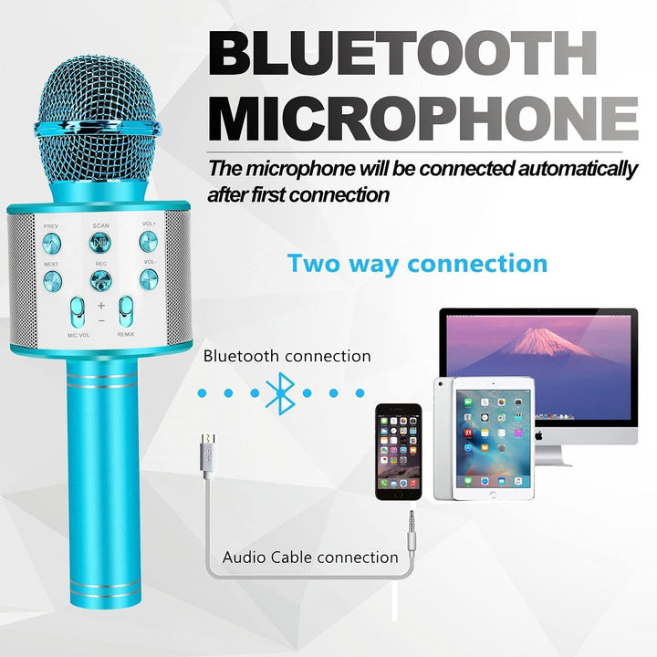Draagbare karaoke microfoon voor kinderen in levendige kleuren, met Bluetooth, ideaal voor leuke karaokefeestjes en entertainment.