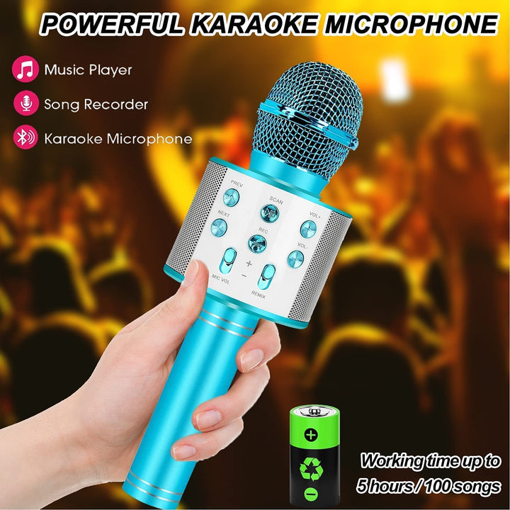 Draagbare karaoke microfoon voor kinderen in levendige kleuren, met Bluetooth, ideaal voor leuke karaokefeestjes en entertainment.