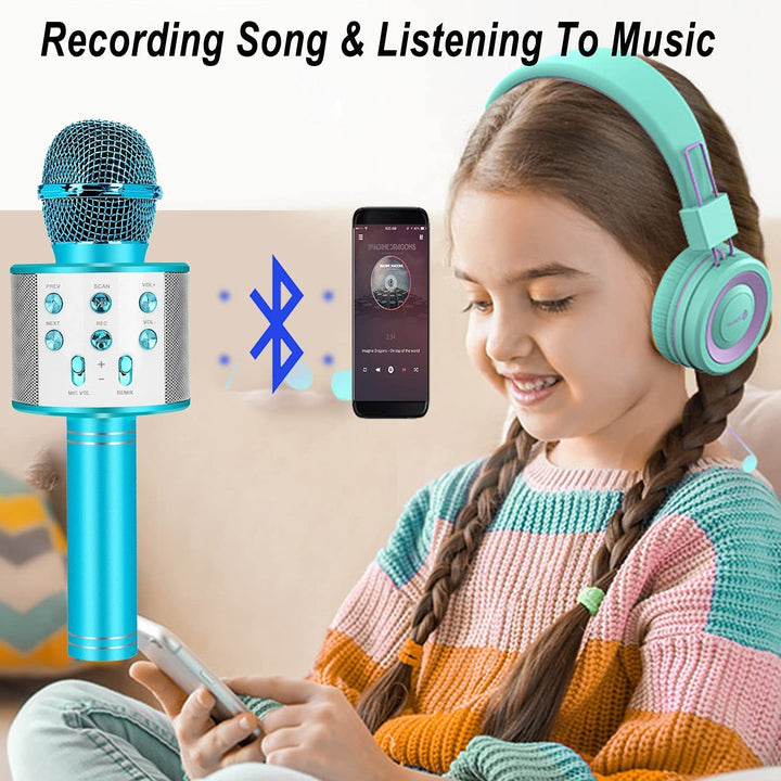 Draagbare karaoke microfoon voor kinderen in levendige kleuren, met Bluetooth, ideaal voor leuke karaokefeestjes en entertainment.