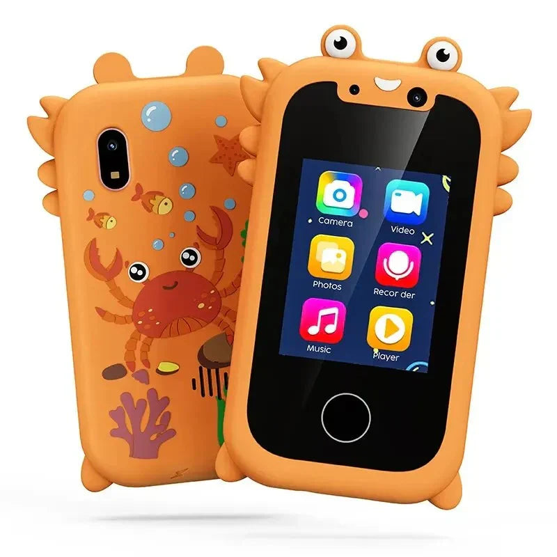 Educatieve smartphone voor kinderen met kleurrijk touchscreen, camera en muziek, robuust design, ideaal voor leren en spelen.