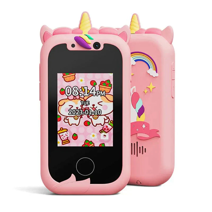 Educatieve smartphone voor kinderen met kleurrijk touchscreen, camera en muziek, robuust design, ideaal voor leren en spelen.