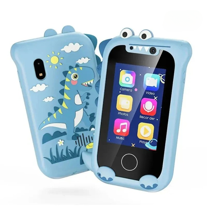 Educatieve smartphone voor kinderen met kleurrijk touchscreen, camera en muziek, robuust design, ideaal voor leren en spelen.