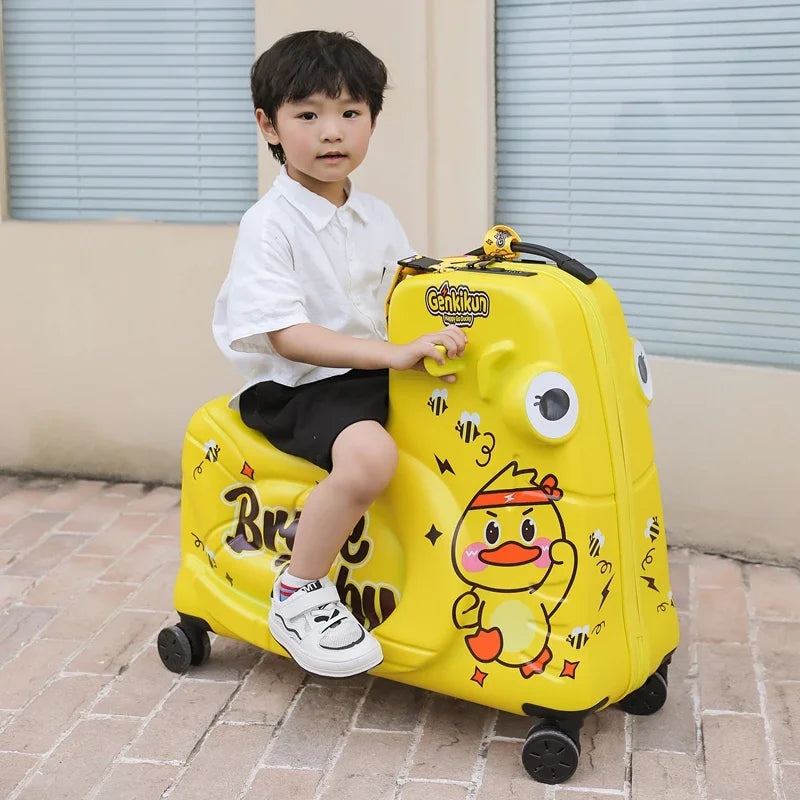 Kinderbagage met zitje en wielen, uitgerust met een soepele scooterfunctie voor moeiteloos reizen.