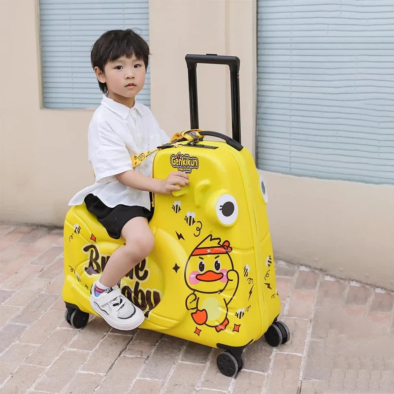 Innovatieve reiskoffer voor kinderen met uitschuifbare scooterfunctie; perfect voor vliegvelden en stations.