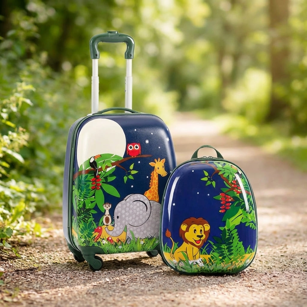 Kinderbagageset: blauwe TinyTrek kindertrolley en bijpassende rugzak voor reizen, perfect voor avontuurlijke kids.