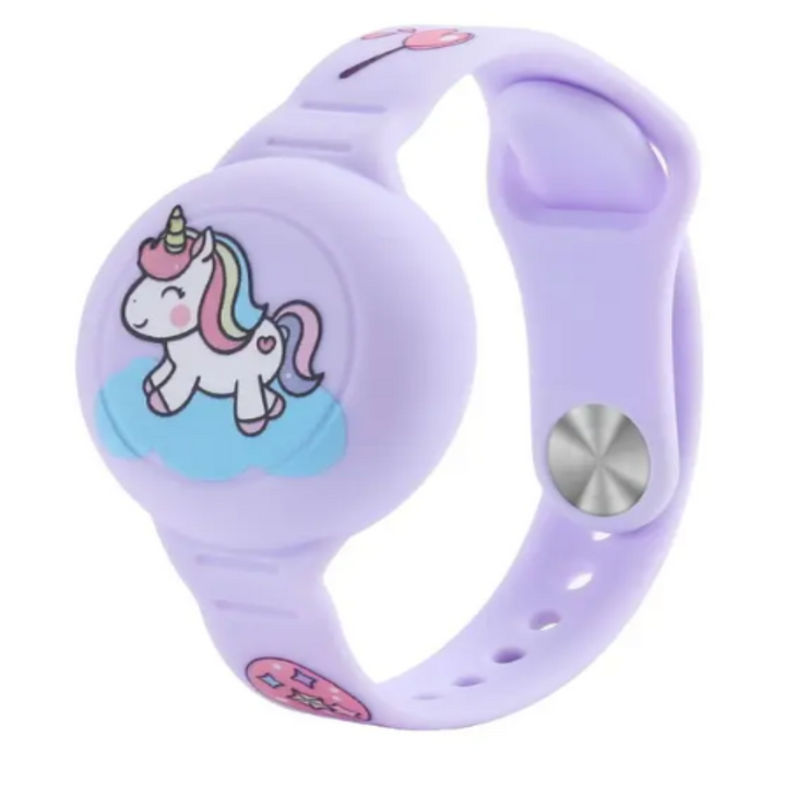 Essentiële Airtag armband voor kinderen met dino thema, zorgt voor veilige locatiebepaling bij buitenspelen.