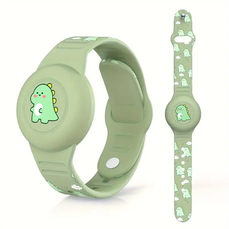 Groene Airtag kinderarmband met schattige dino's. Onopvallende kindertracker voor veilige locatiebepaling.
