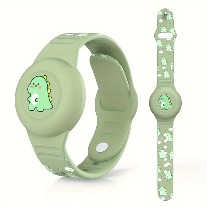 Groene Airtag kinderarmband met schattige dino's. Onopvallende kindertracker voor veilige locatiebepaling.