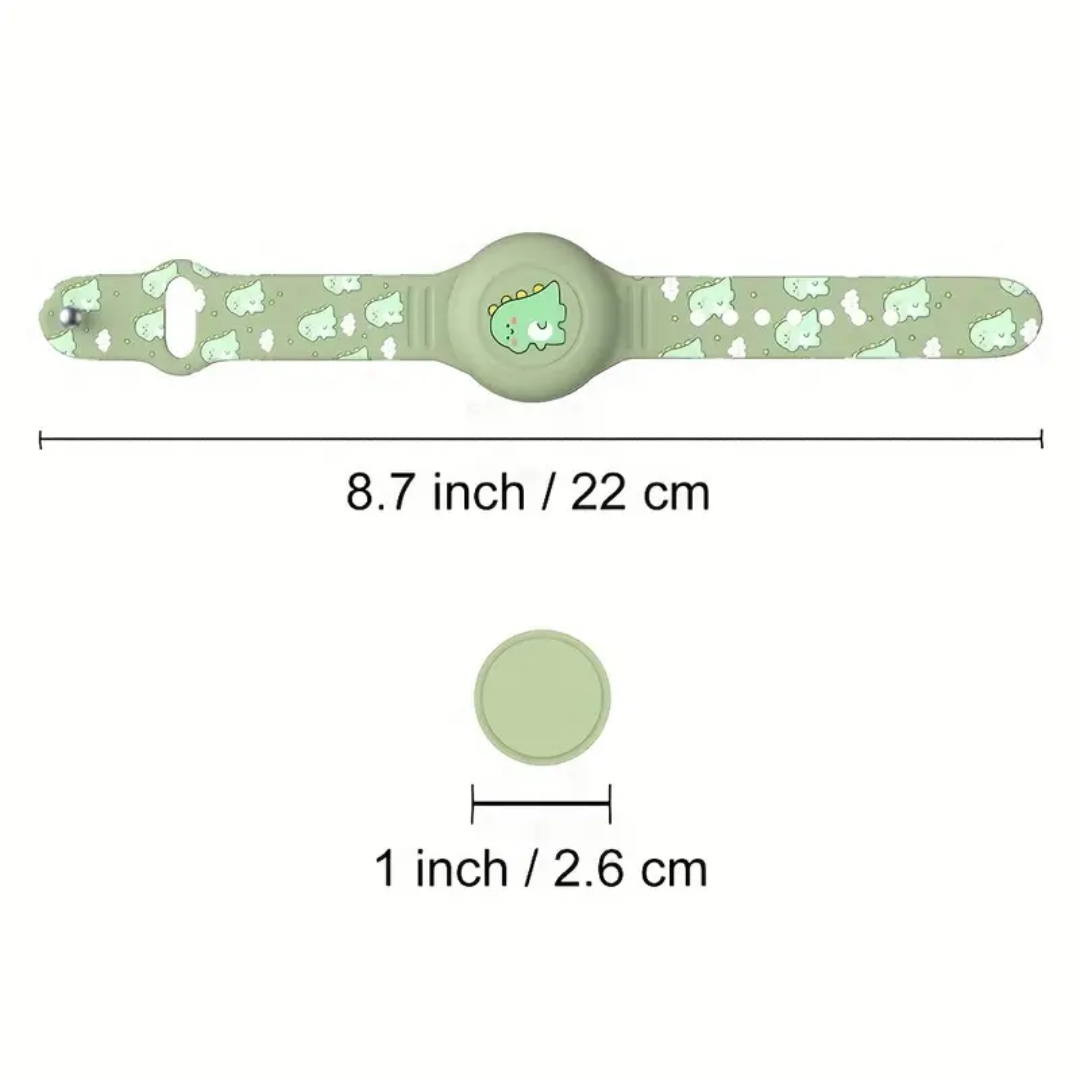 Dino-thema siliconen Airtag armband voor kinderen. Zorgt voor kindveiligheid en makkelijke locatietracking.