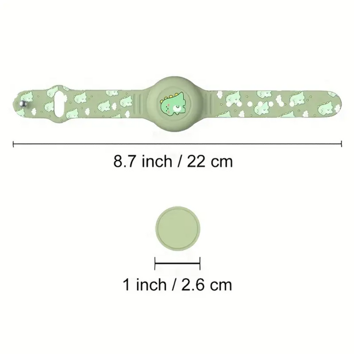 Dino-thema siliconen Airtag armband voor kinderen. Zorgt voor kindveiligheid en makkelijke locatietracking.