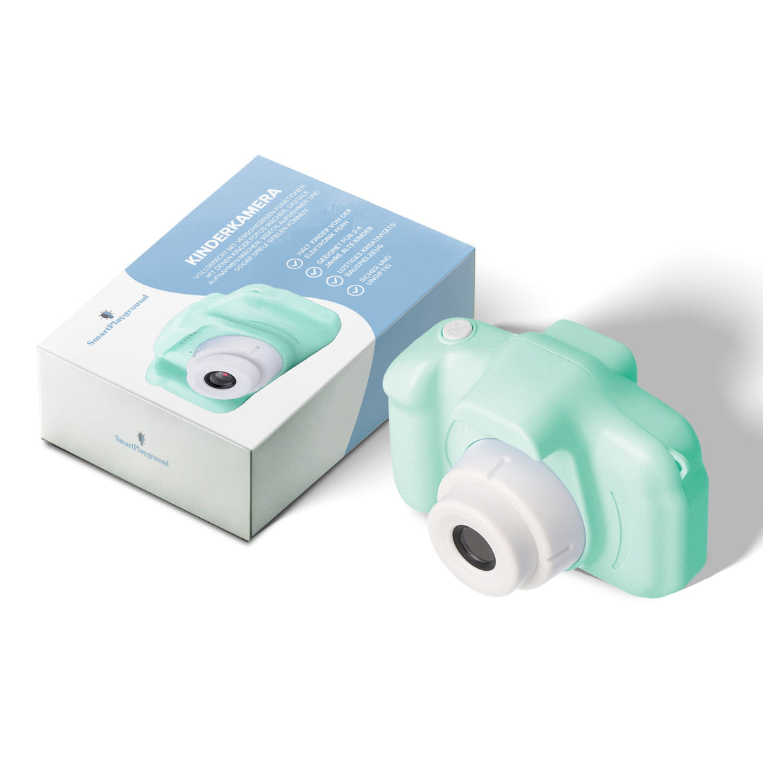 KidsCam kindercamera in lichtblauw, lichtroze, mintgroen, robuust ontwerp, eenvoudig te bedienen, ideaal voor creatieve fotografie.