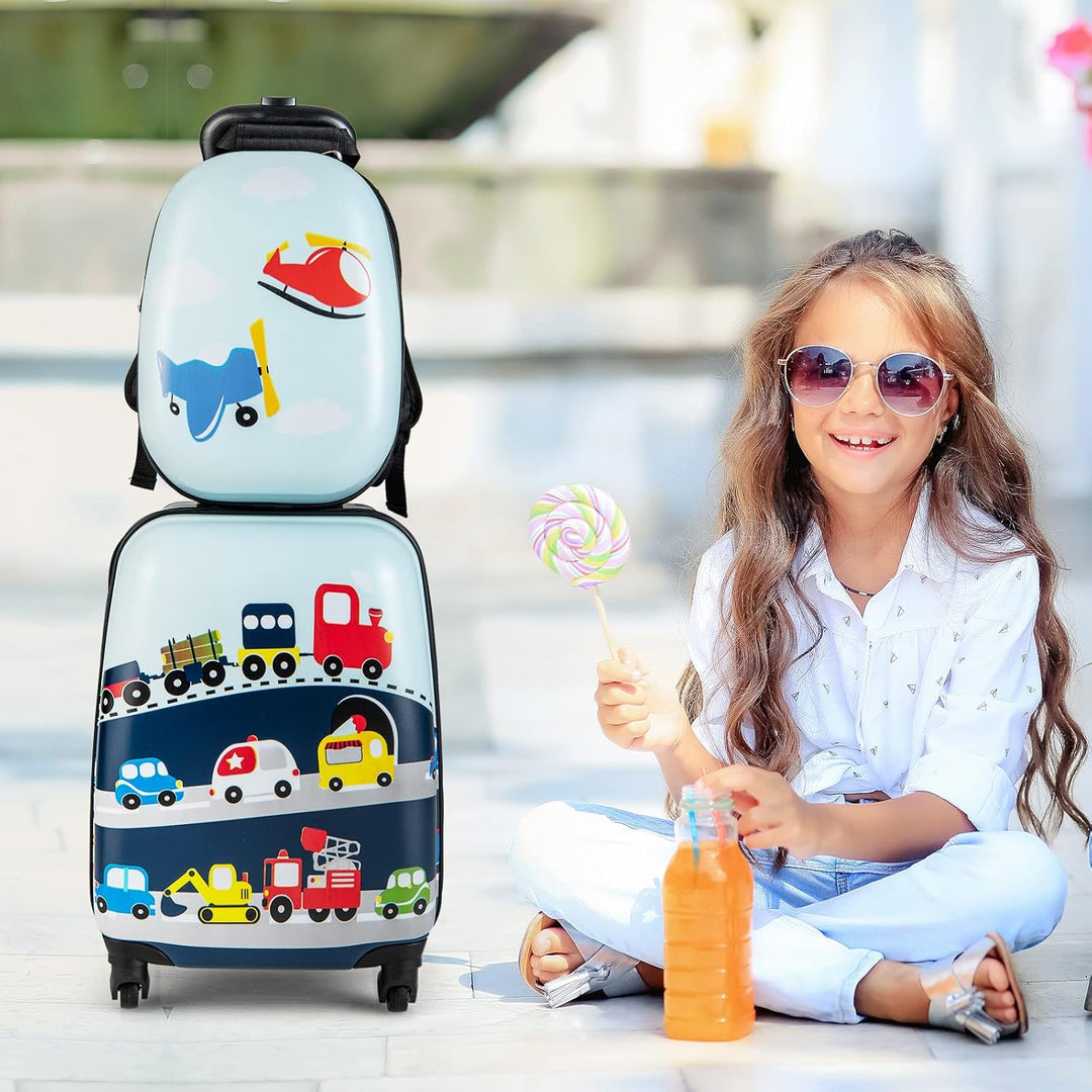 Kindertrolley en bijpassende rugzak met helikopterprint, perfect voor kinderreizen. Duurzame bagageset.