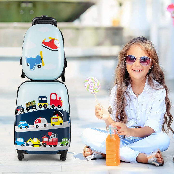 Kindertrolley en bijpassende rugzak met helikopterprint, perfect voor kinderreizen. Duurzame bagageset.