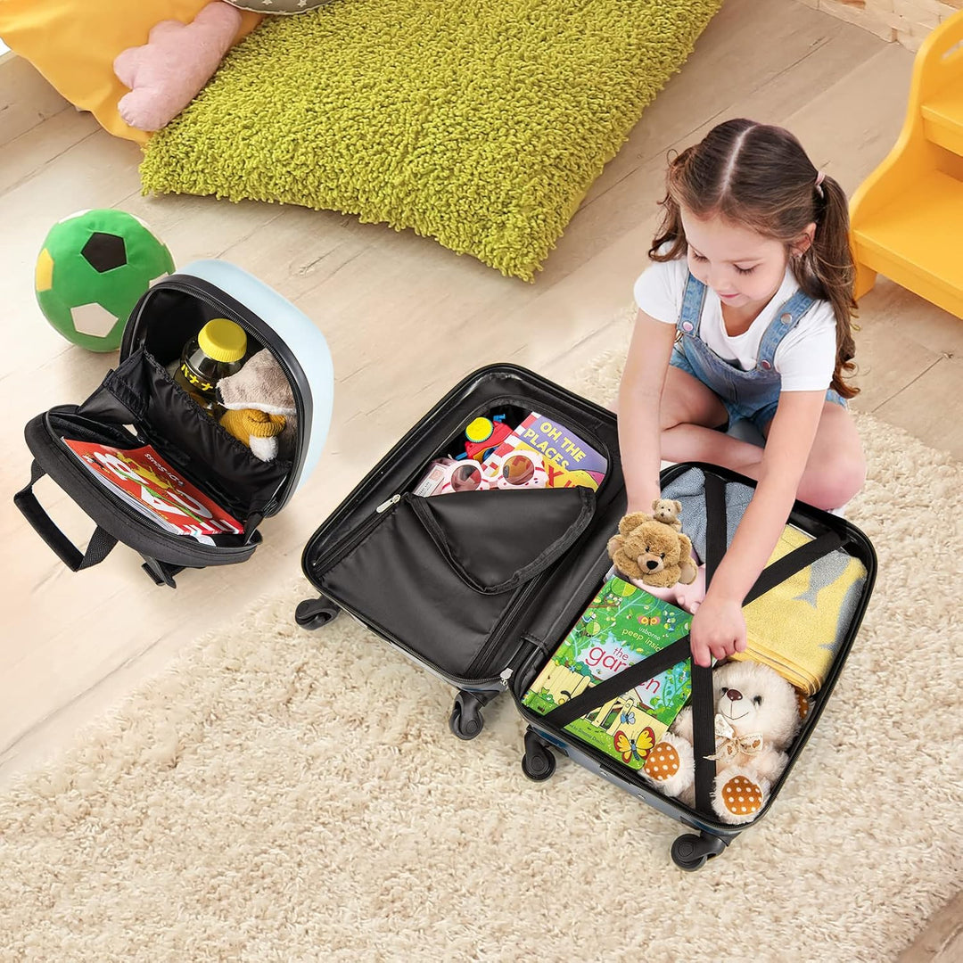 Helikopter kinderkoffer met soepele 360° wielen en matchende rugzak. Gemakkelijk reizen voor jonge kinderen.