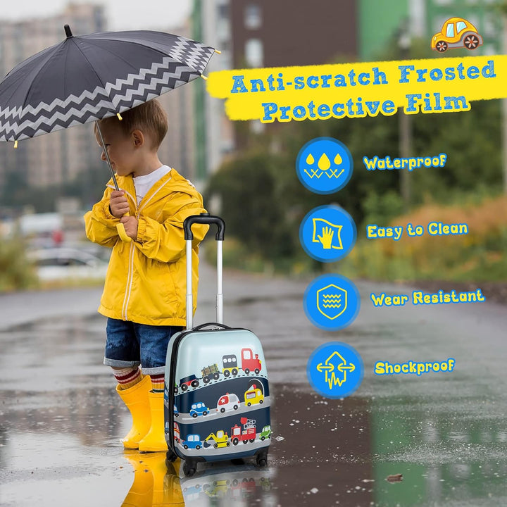 Duurzame helikopter kinderkoffer met hard-shell en bijpassende rugzak. Kindertrolley met 360° draaiwielen.