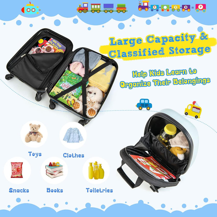 Compacte reisset: kinderkoffer en rugzak met helikopter thema. Ideale kindertrolley voor vakantie.