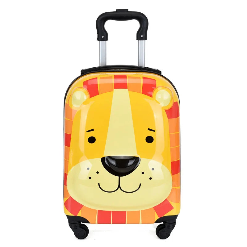Cartoon-tier kinderkoffer Sydney. Vrolijke handbagage trolley, een duurzame reiskoffer voor jonge avonturiers.