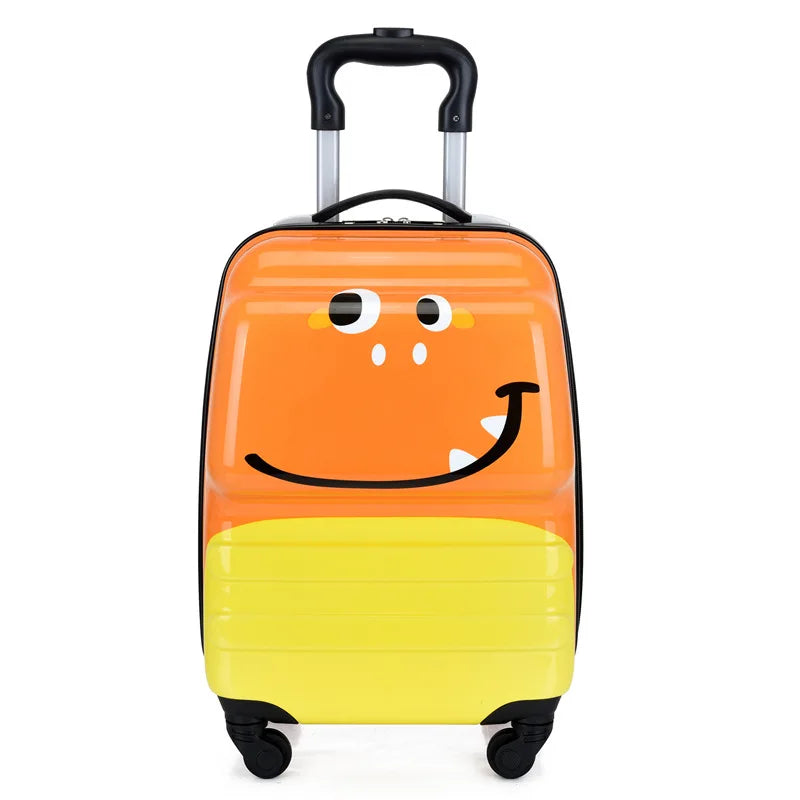 Kleurrijke dierenkoffer voor kinderen, een compacte en duurzame handbagage trolley met vrolijk design.